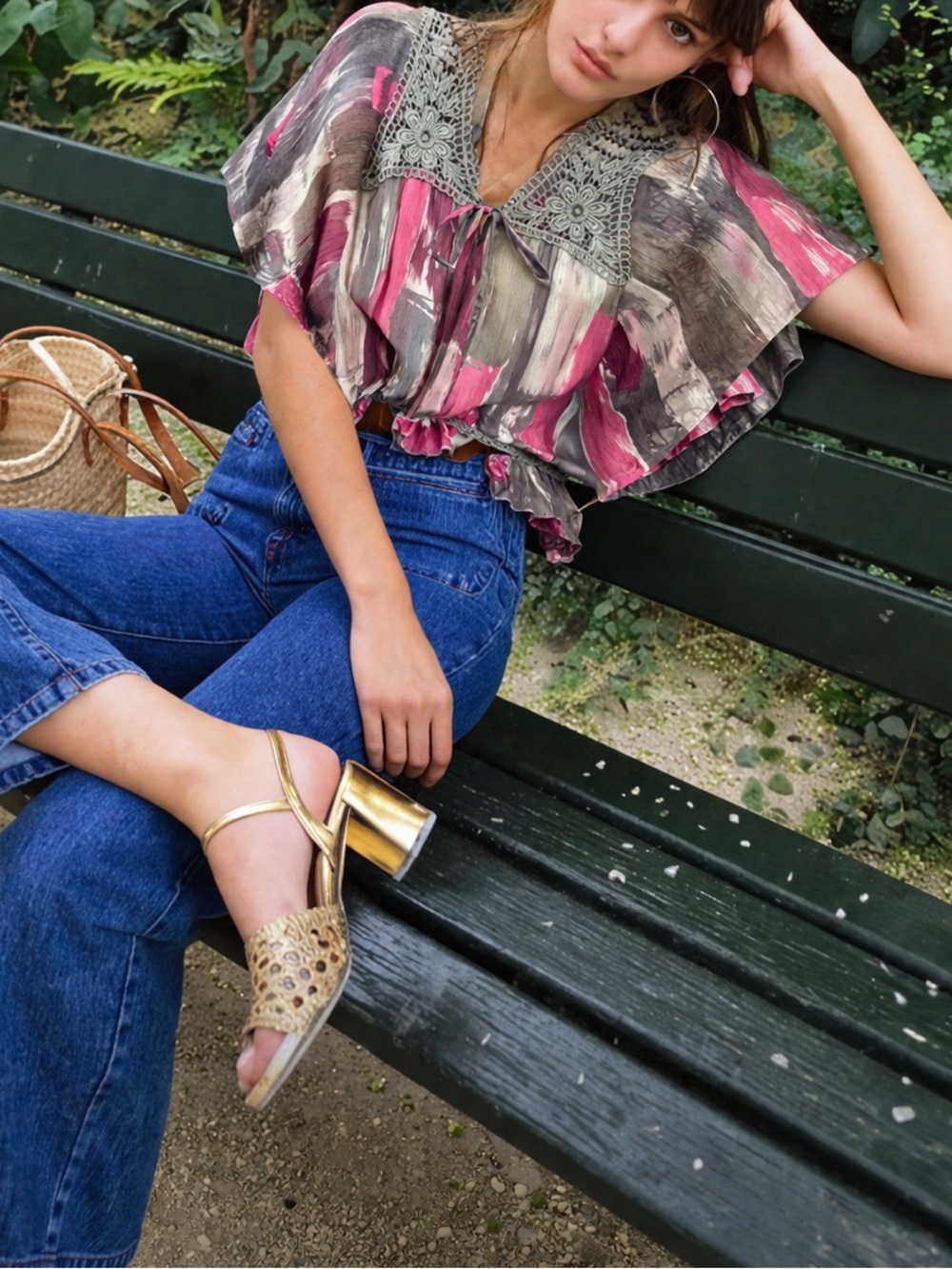 Silk Pink & Gray Brushstroke Crochet-Trim Blouse (0261)